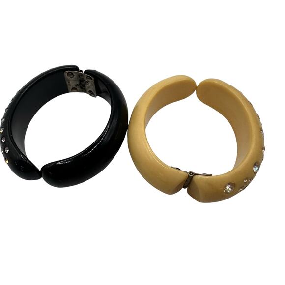 Vintage Weiss Two Bracelets Cream & Black Rhinestone Clamper Thermoset SMALL - Picture 3 of 14